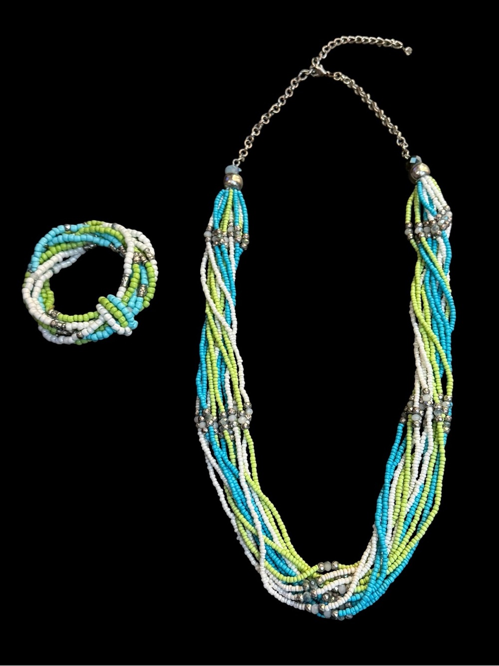 Vintage Multi-Strand Seed Bead Necklace & Matching Bracelet Jewelry Set